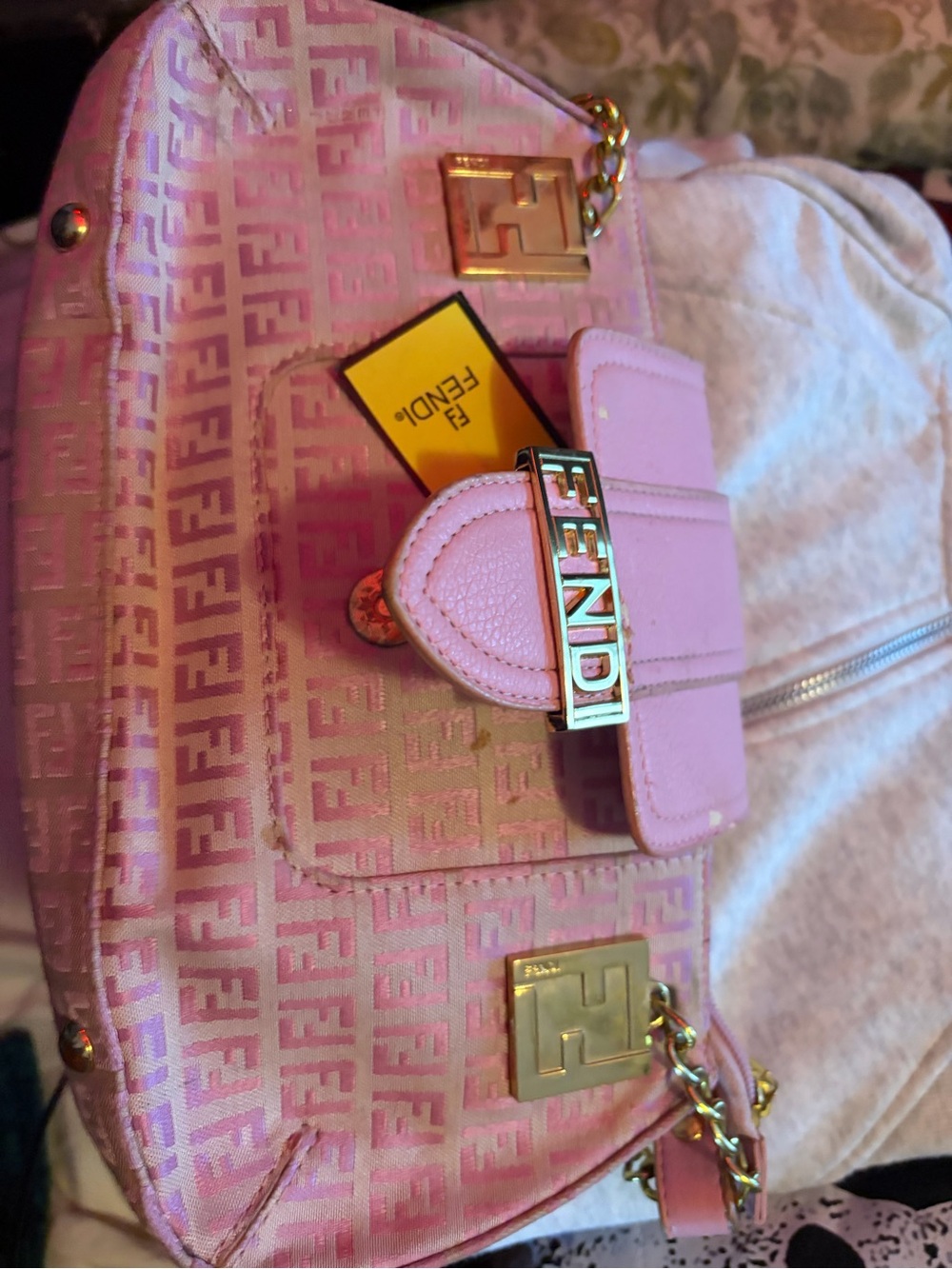 Fendi Pink Logo Jacquard Shoulder Bag with Gold Hardware